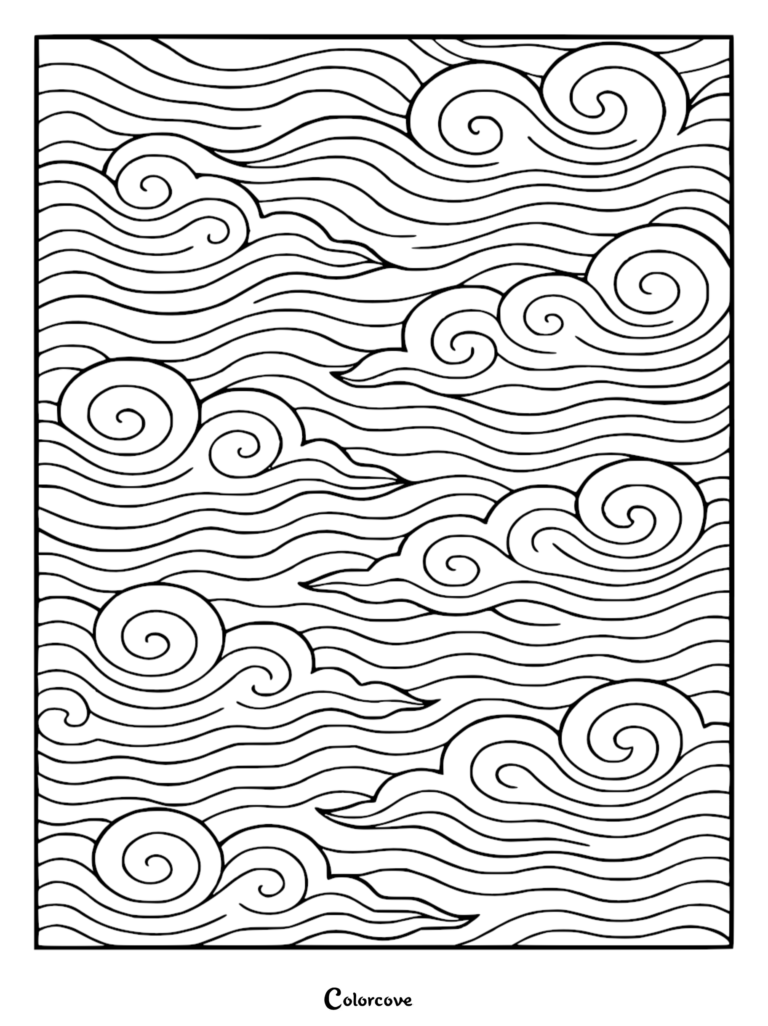 Intricate stress relief coloring page featuring Japanese-style swirling cloud motifs and flowing horizontal wind lines.