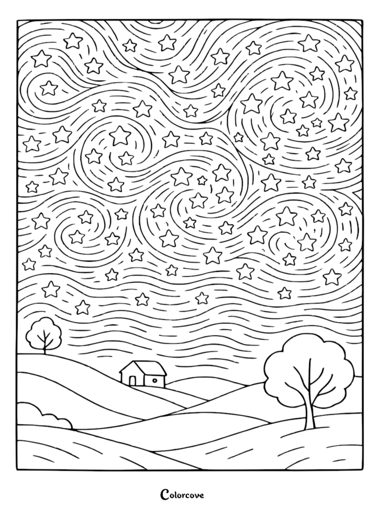 A stress-relief coloring page featuring a Van Gogh style swirling starry night sky above a peaceful countryside landscape with a small house and trees.