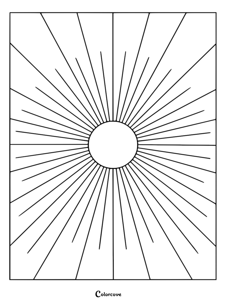 Minimalist sunburst coloring page featuring a central circle with radiating straight lines extending to the rectangular border.