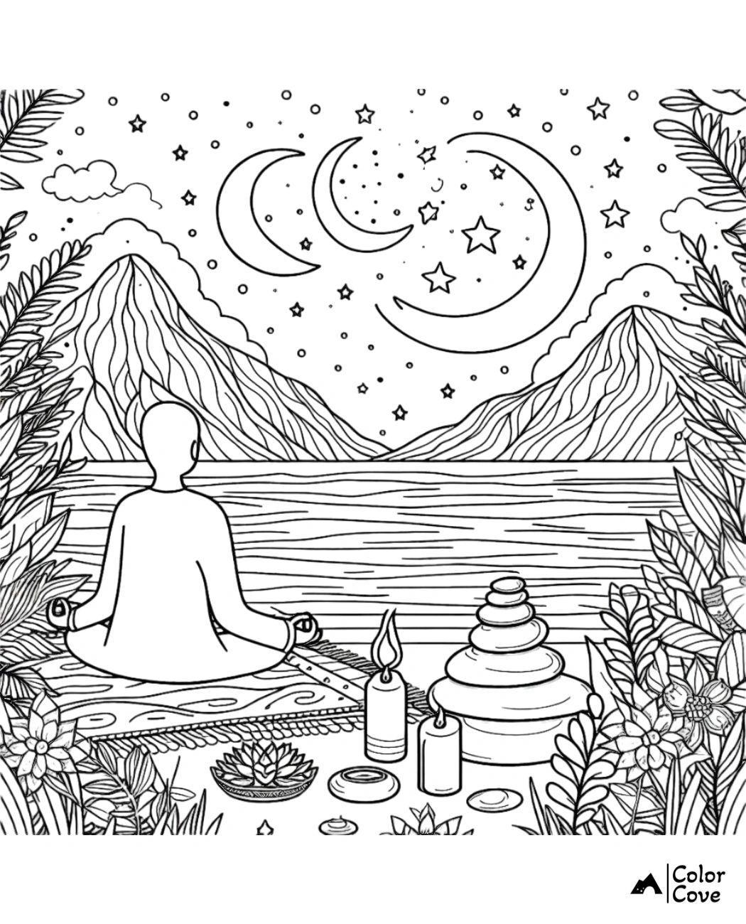 Meditation coloring page featuring a person sitting by a lake surrounded by mountains, candles, flowers, and celestial elements.