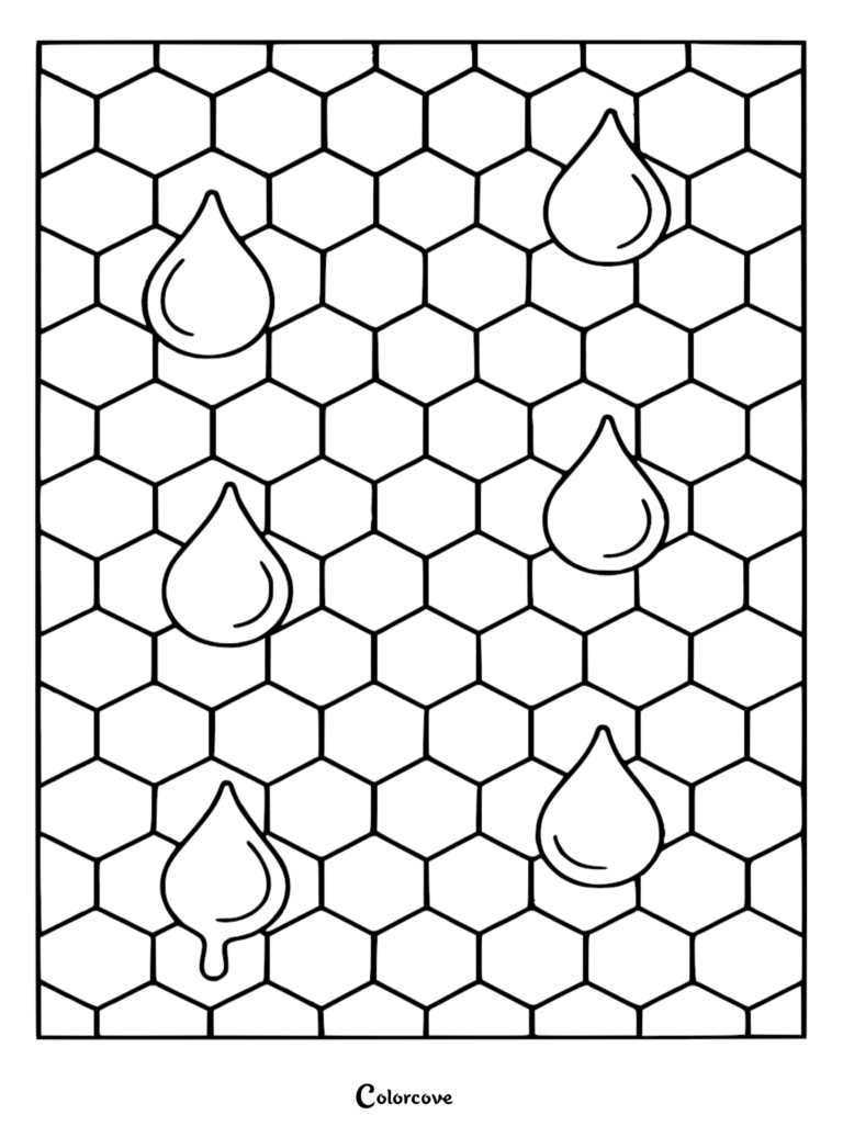 A relaxing geometric coloring page featuring a repeating honeycomb hexagonal grid overlayed with six stylized water droplets.