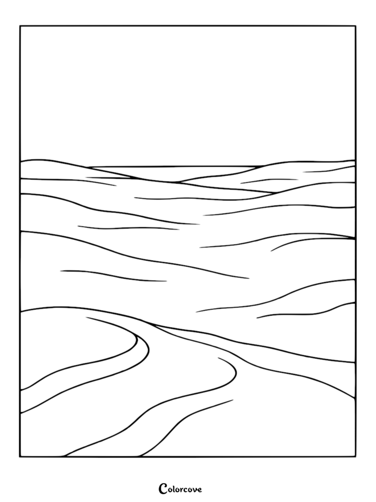 A minimalist desert coloring page featuring soft, flowing sand dunes under a clear, open sky.