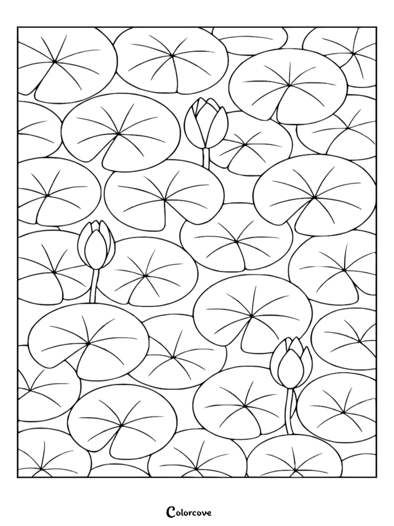 A detailed stress relief coloring page featuring a pattern of circular lily pads and three closed lotus buds floating on water.