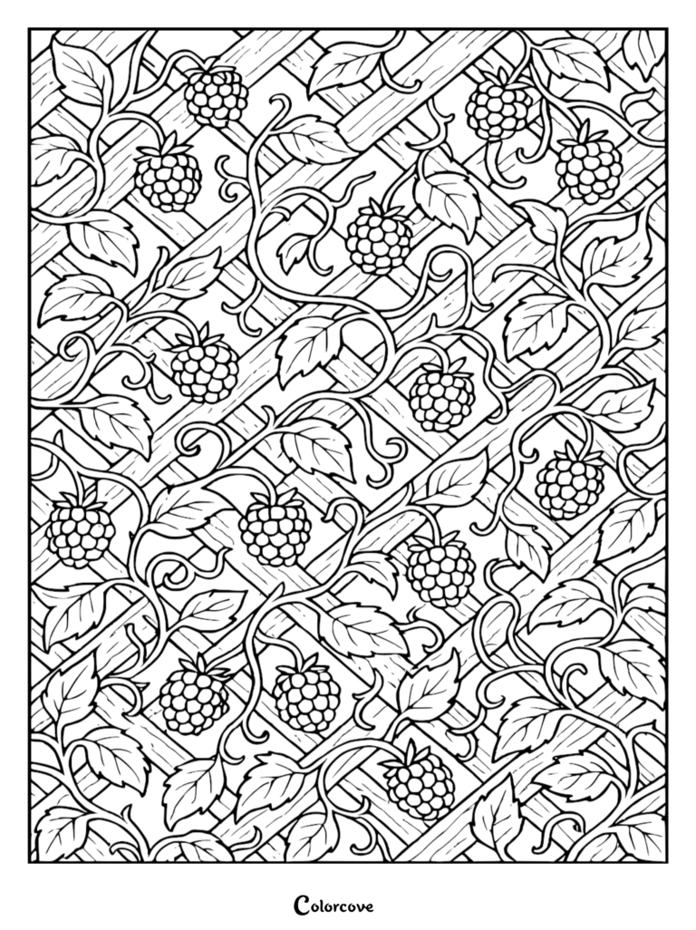Intricate stress relief coloring page featuring detailed blackberry fruit clusters and winding leaves sprawling across a diagonal wooden garden lattice background.