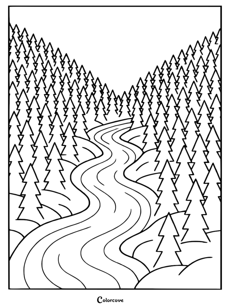 A stress relief coloring page featuring a winding river flowing through a dense forest of evergreen pine trees in a valley.