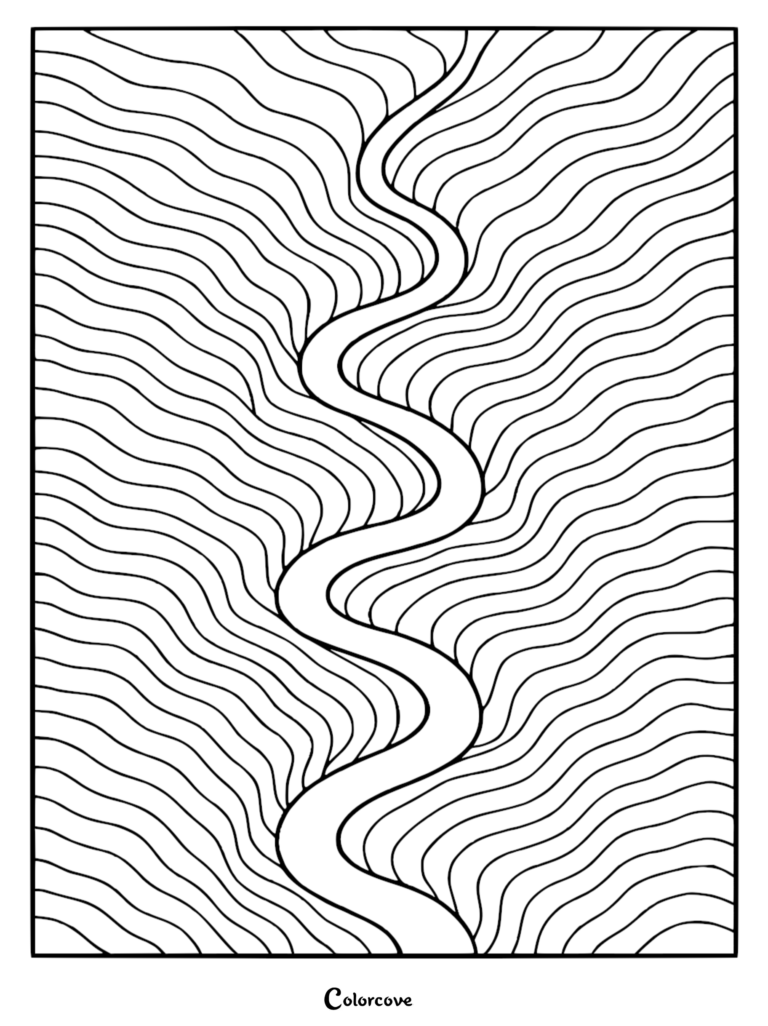A stress relief coloring page featuring a central, winding, thick-lined river pattern flanked by rhythmic, organic flowing horizontal waves.