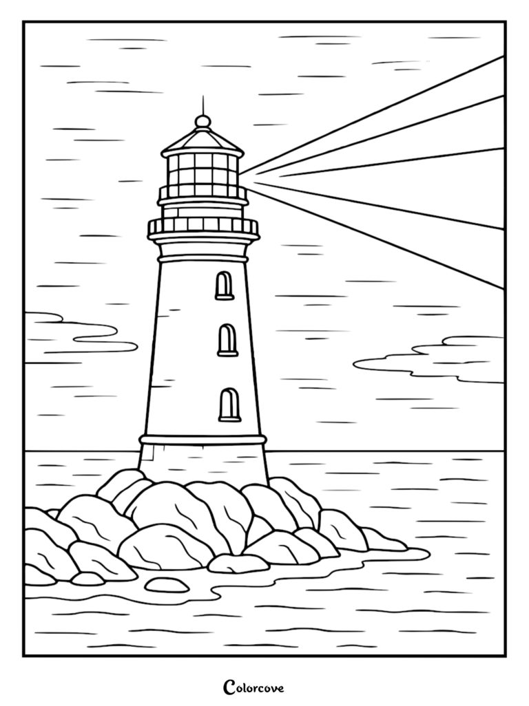 A relaxing coloring page featuring a tall lighthouse on a rocky shore, emitting a long beam of light over the ocean under a cloudy sky.