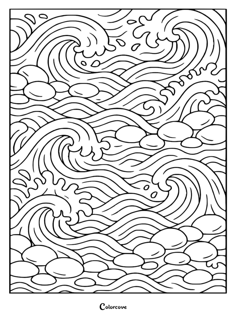 A detailed coloring page featuring rhythmic, swirling ocean waves crashing against smooth, rounded river stones in a zen-inspired composition.