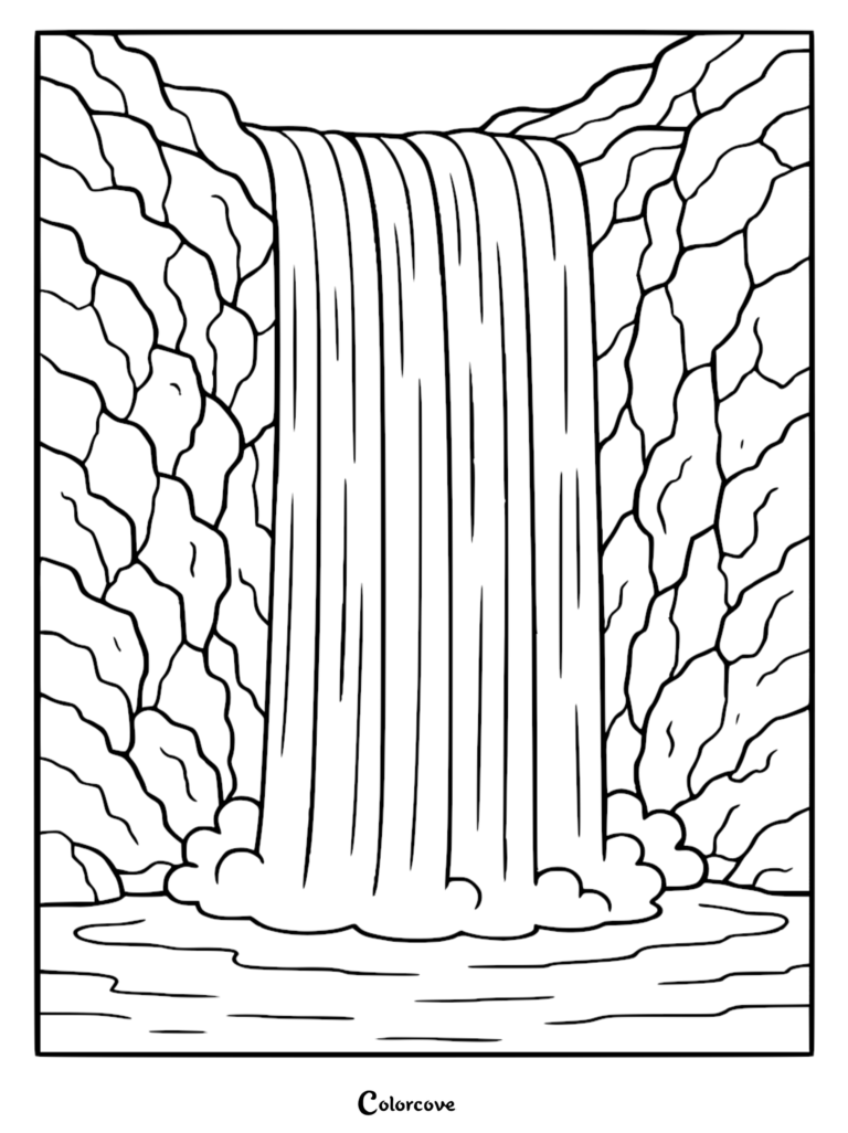 A printable coloring page featuring a majestic waterfall cascading between textured rocky cliffs into a misty pool.