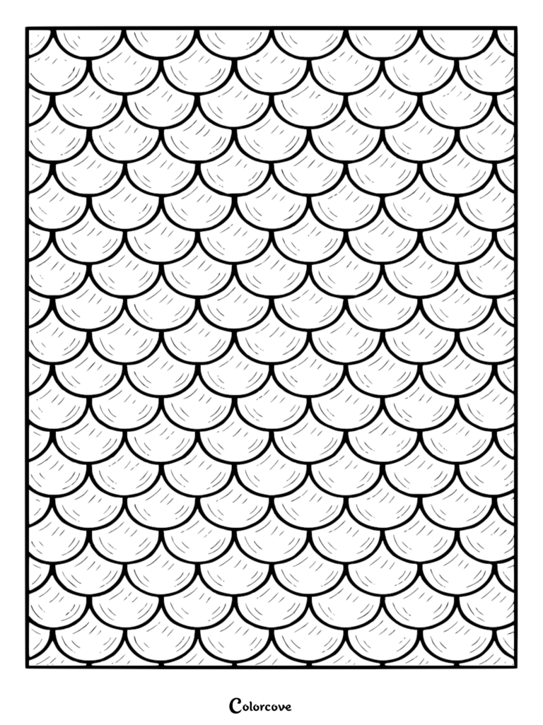 A stress relief coloring page featuring a repetitive, symmetrical pattern of interlocking mermaid fish scales with textured line details.