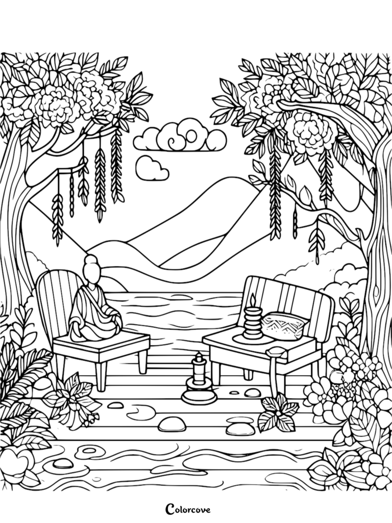 A stress relief coloring page featuring a serene Buddha figure meditating on a deck surrounded by willow trees, mountains, and a peaceful lake landscape.