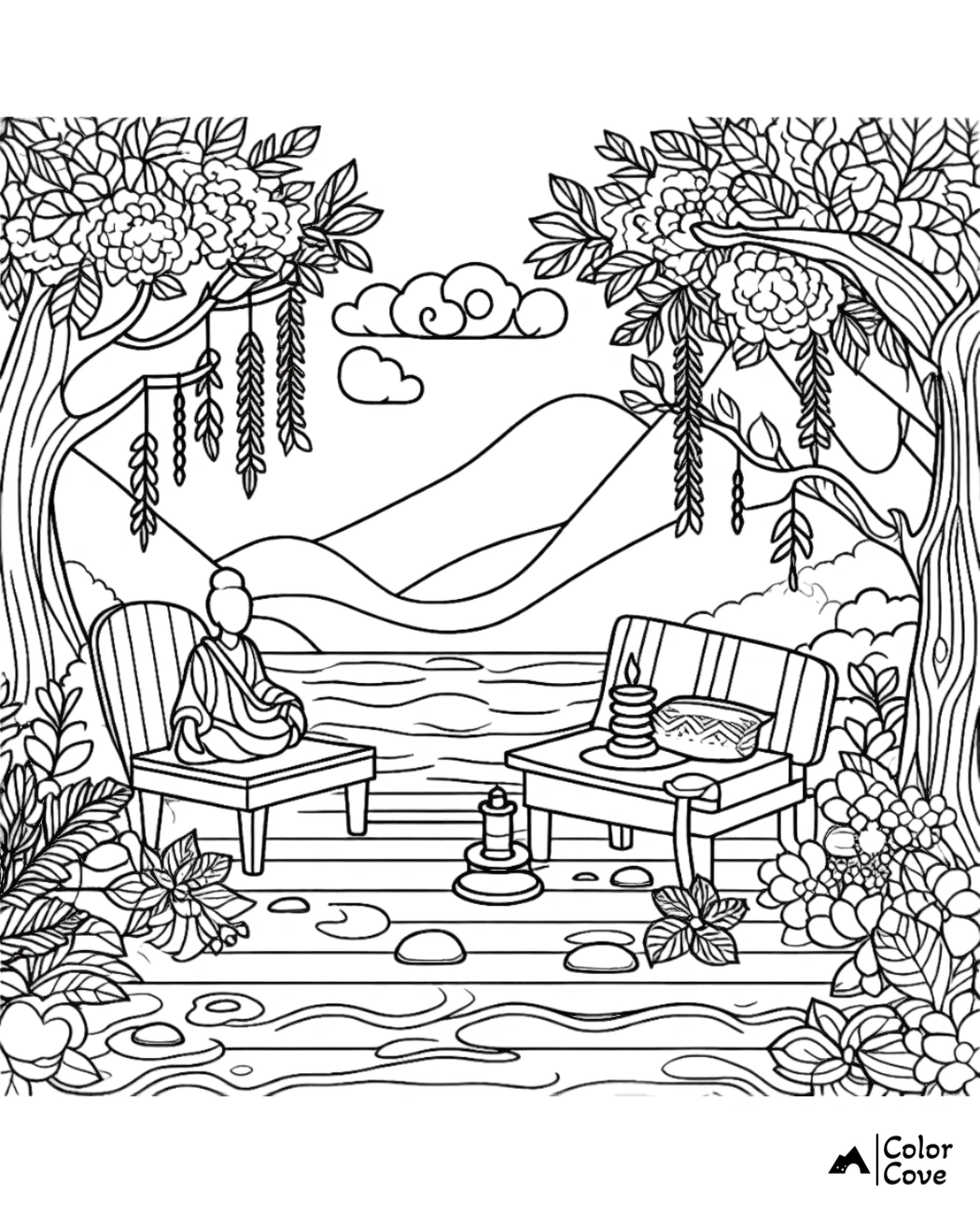 Coloring page featuring a serene outdoor scene with trees, mountains, a river, and a deck with chairs and a candle.