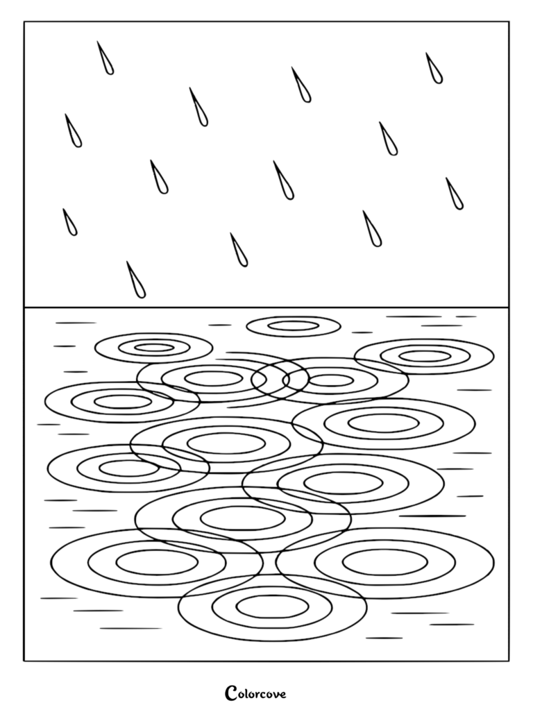 A relaxing coloring page featuring stylized raindrops falling into a calm pool of water, creating overlapping circular ripples across the surface.