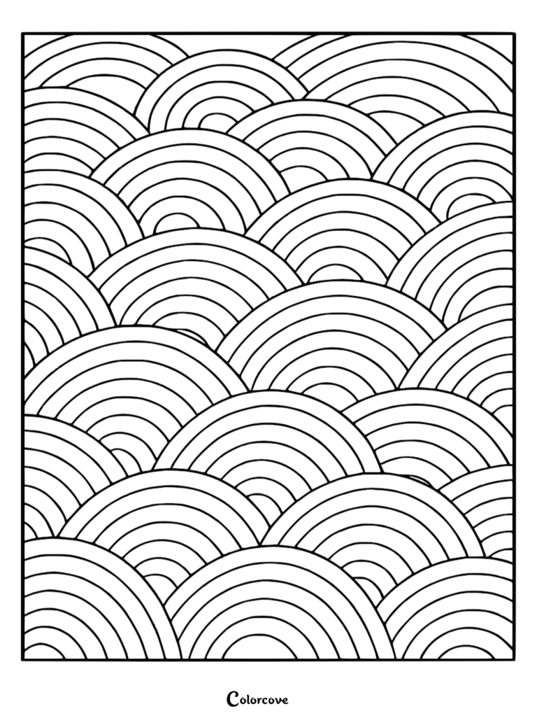A stress relief coloring page featuring a repeating Japanese seigaiha wave pattern with concentric semi-circles.