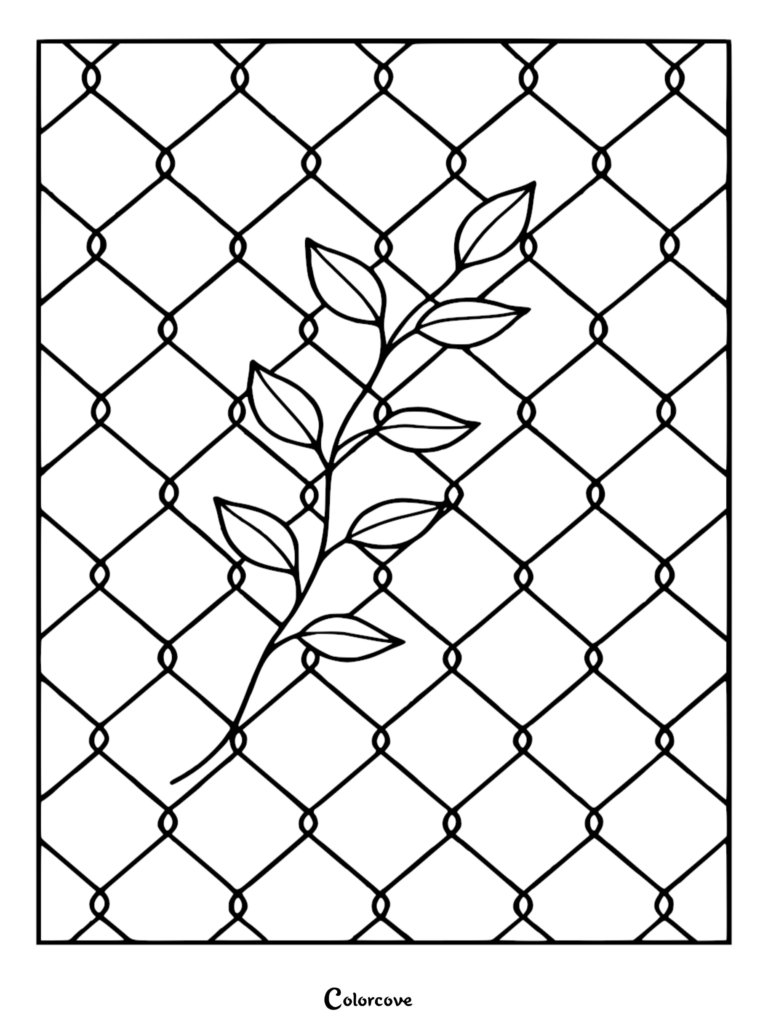 A minimalist coloring page featuring a delicate leafy branch resting against a repeating diamond-pattern chain link fence background.