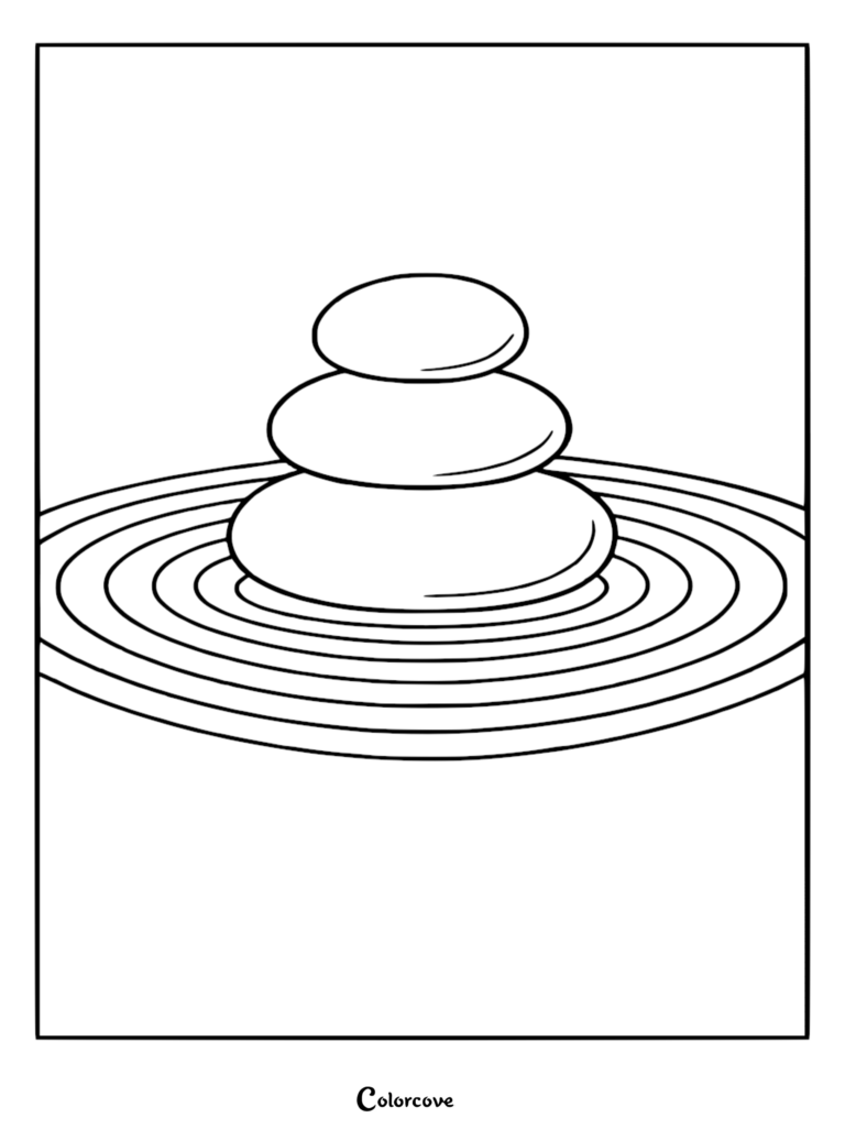 A minimalist coloring page featuring a stack of three smooth balance stones centered atop a series of concentric circular ripples in a zen garden.