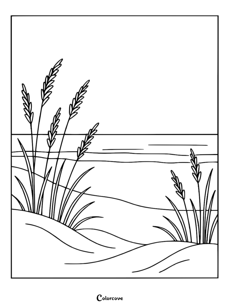 A relaxing coastal coloring page featuring swaying beach grass on sandy dunes overlooking a calm ocean horizon.
