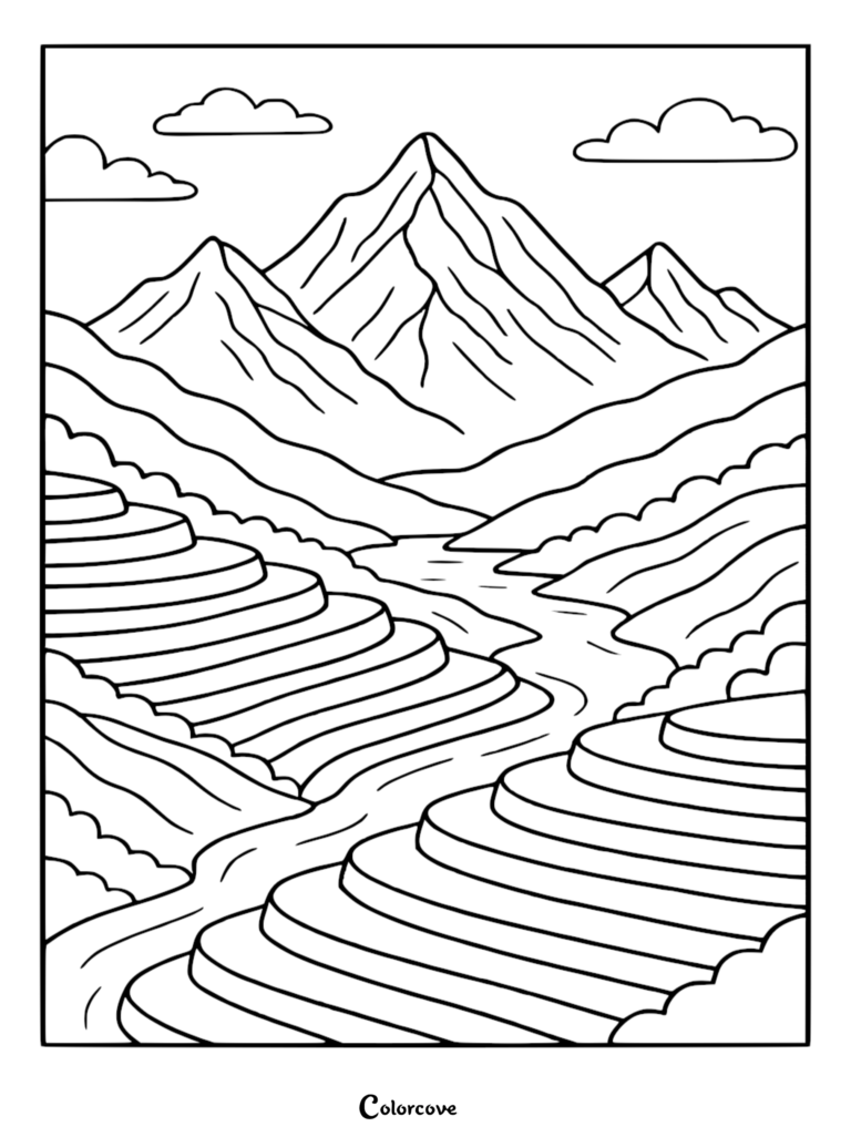 A relaxing mountain rice terrace landscape coloring page with a winding river and clouds
