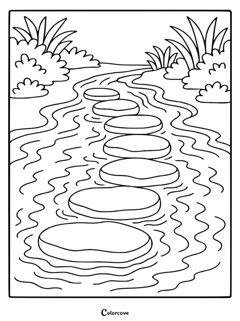 A relaxing zen garden river scene with circular stepping stones, suitable as a stress relief coloring page.