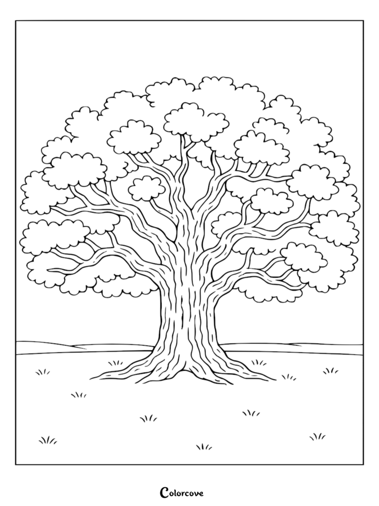 A printable coloring page featuring a large, majestic oak tree with a sprawling canopy, textured bark, and deep roots in an open grassy meadow.