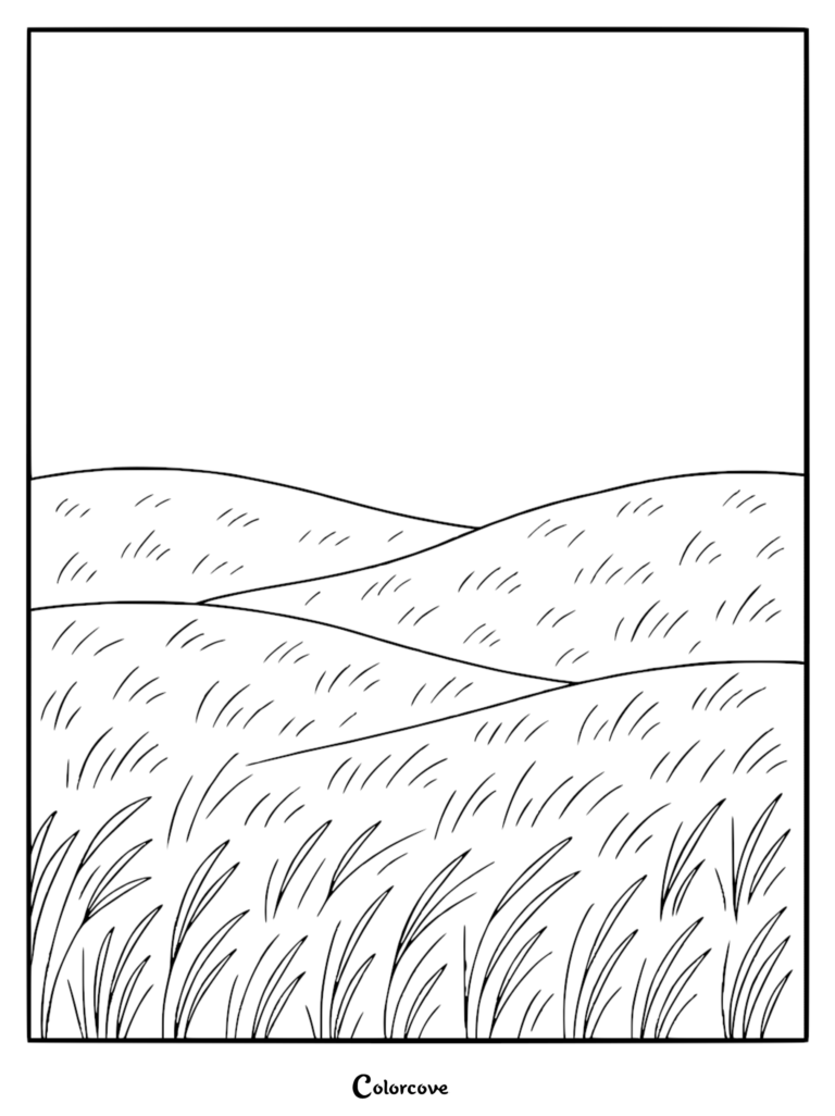 Simple line art coloring page featuring rolling grassy hills with textured blades of grass and an empty sky.