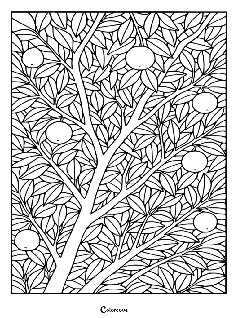 A detailed stress relief coloring page featuring an intricate orange tree with numerous leaves and six round fruits nestled among branches.