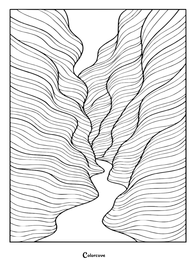 A relaxing abstract coloring page featuring flowing, undulating line art resembling a narrow slot canyon or wind-swept sand dunes.