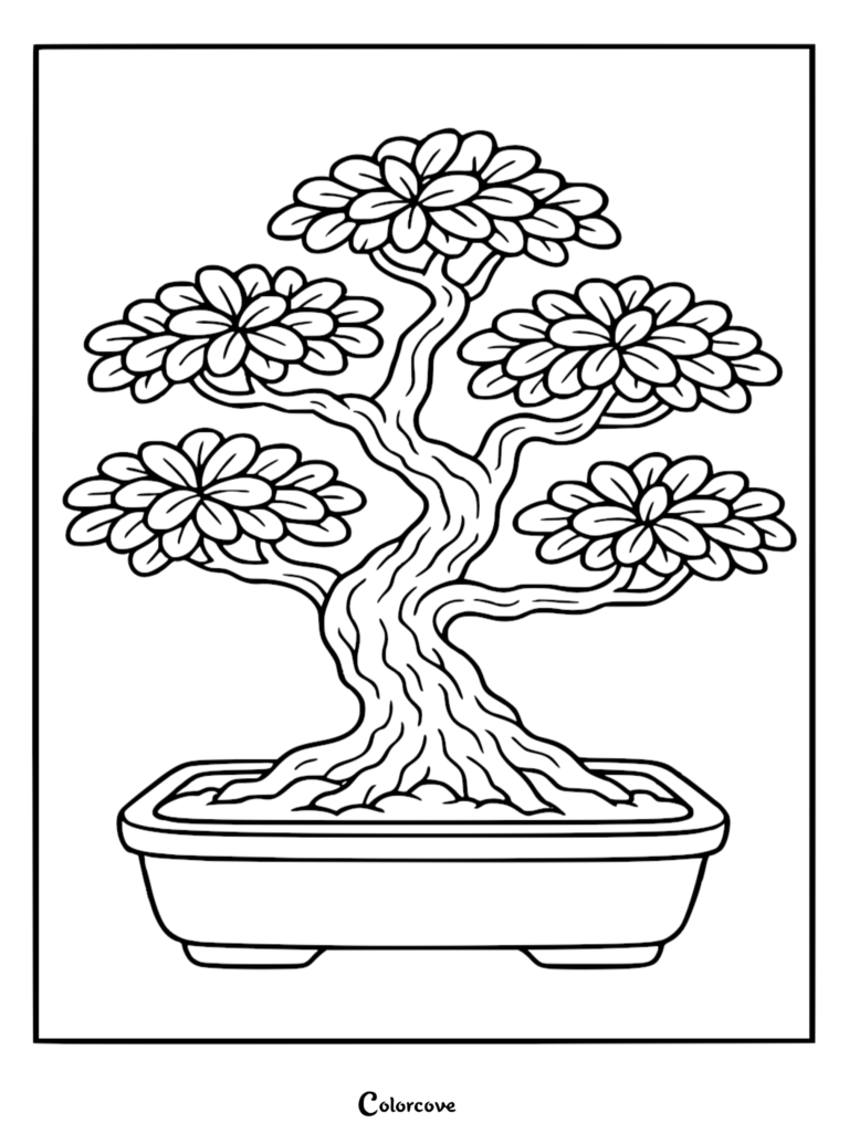 A detailed stress relief coloring page featuring an intricate bonsai tree with five dense clusters of leaves and a textured, gnarled trunk in a rectangular ceramic pot.