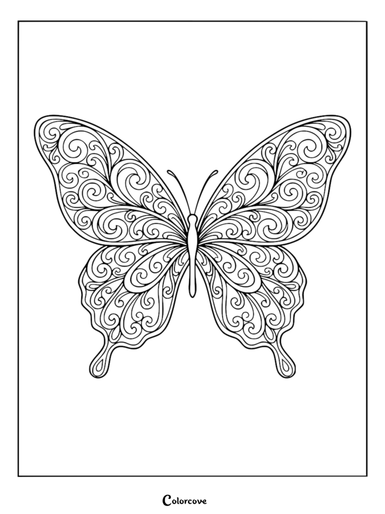 A symmetrical butterfly with ornate swirl and paisley patterns on its wings, featuring a detailed line art design perfect as a stress relief coloring page.