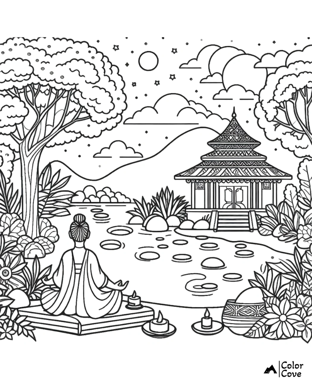 Person meditating by a serene riverside, surrounded by nature and a traditional pagoda, under a starry sky - coloring page.