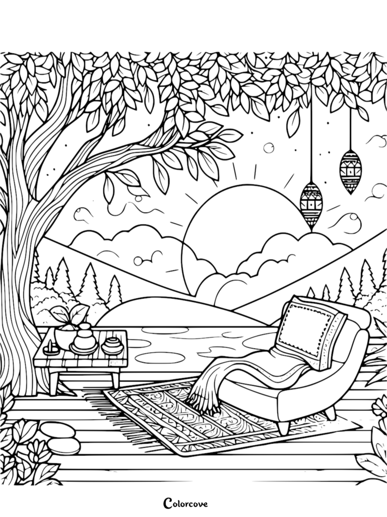 A stress relief coloring page featuring a cozy outdoor deck with a comfortable armchair, a throw blanket, a patterned rug, and a small table with stacked Zen stones, all beneath a leafy tree with hanging lanterns overlooking a mountain sunset.