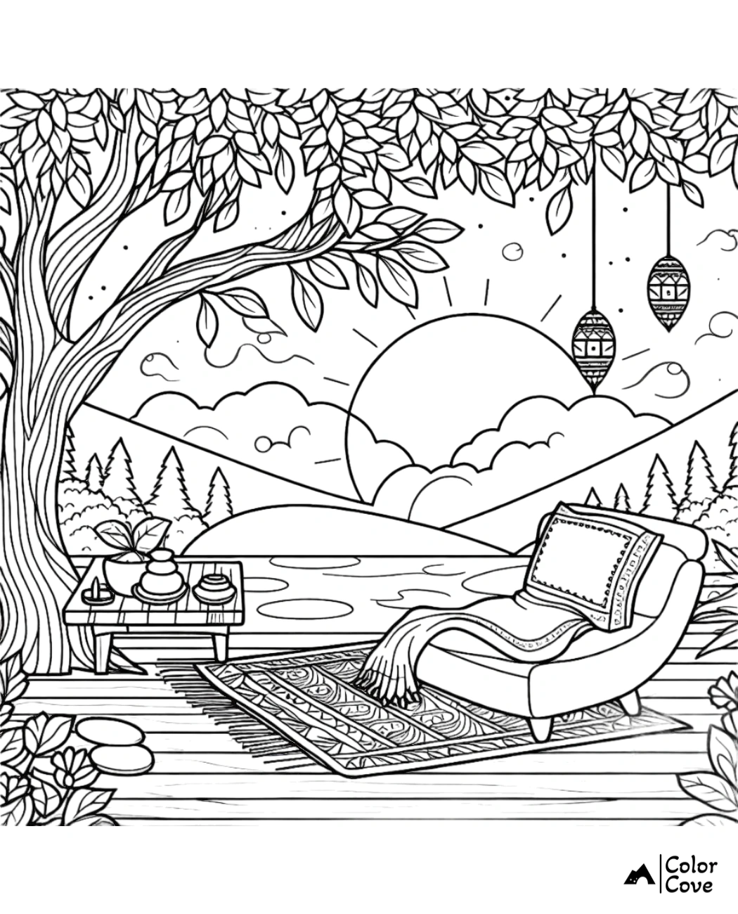 Scenic coloring page with a cozy chair, rug, table, and teapot under a tree, overlooking a lake and mountains at sunset.