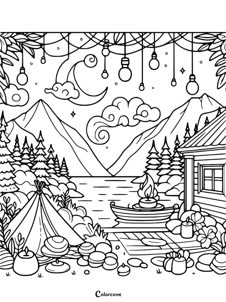 A stress-relief coloring page featuring a cozy lakeside cabin, a teepee, and a small boat under a crescent moon, decorative hanging string lights, and mountain silhouettes.
