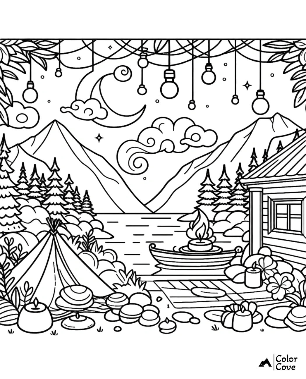 Camping scene coloring page with tent and cabin by a lake, surrounded by mountains and trees, decorated with hanging lights.