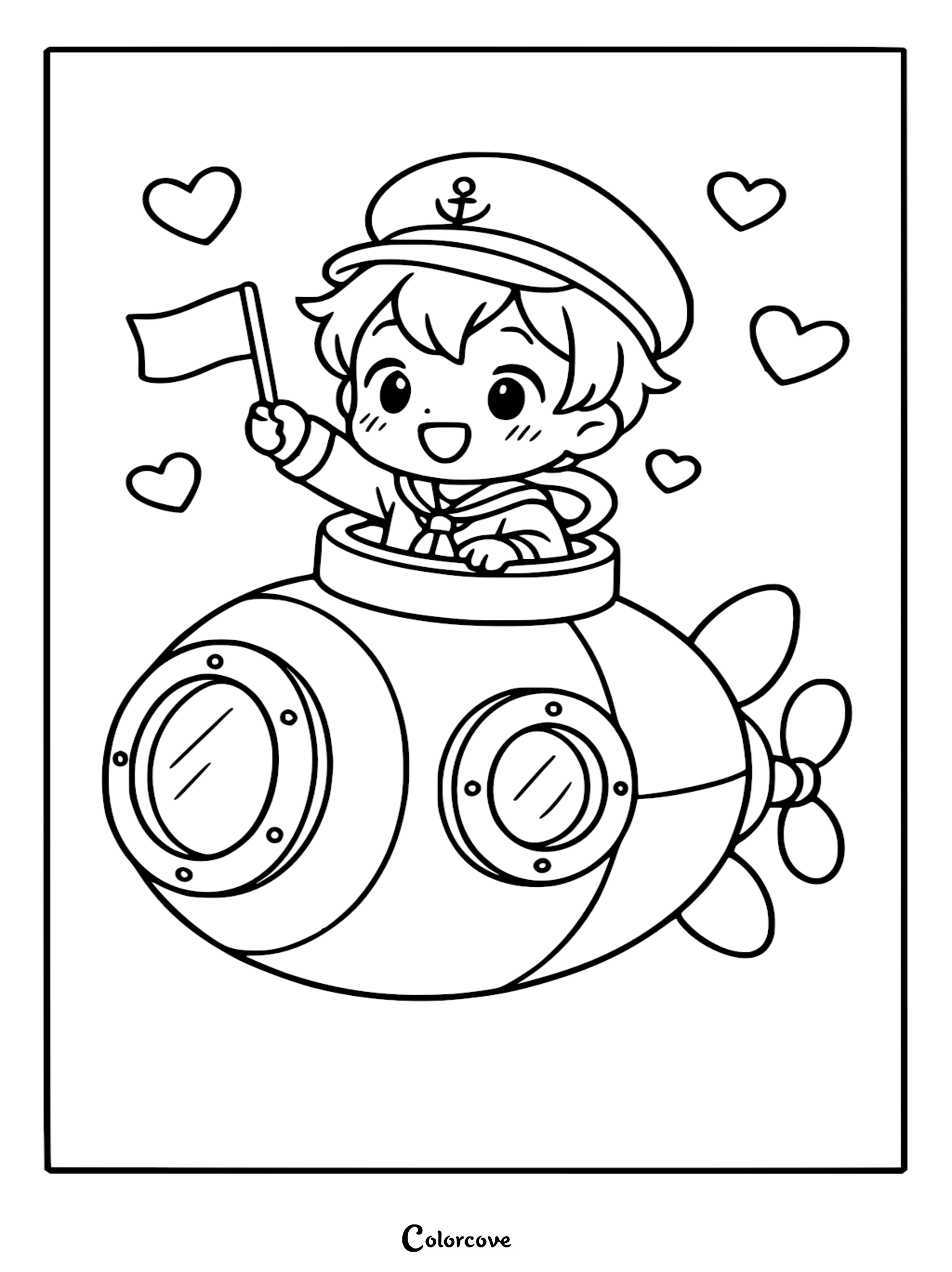 A cute cartoon sailor boy in a captain's hat waving a flag from inside a submarine, surrounded by floating hearts, line art coloring page.