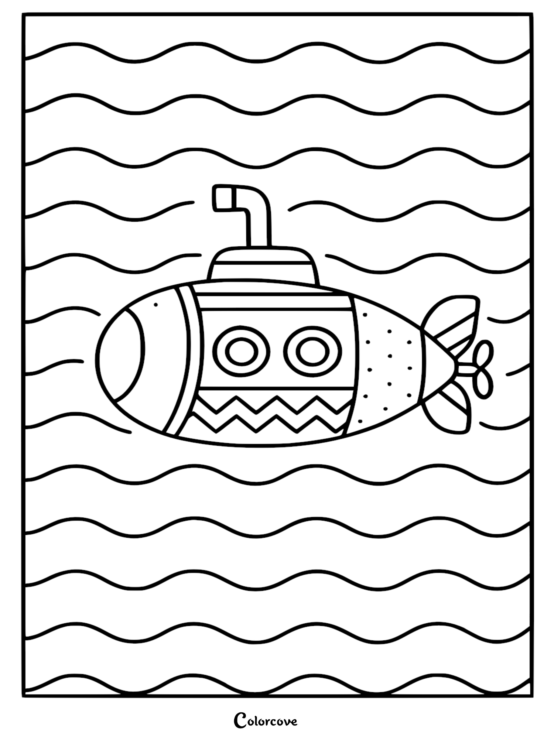 Simple cartoon submarine coloring page featuring a periscope, portholes, and zigzag patterns amidst wavy ocean currents.