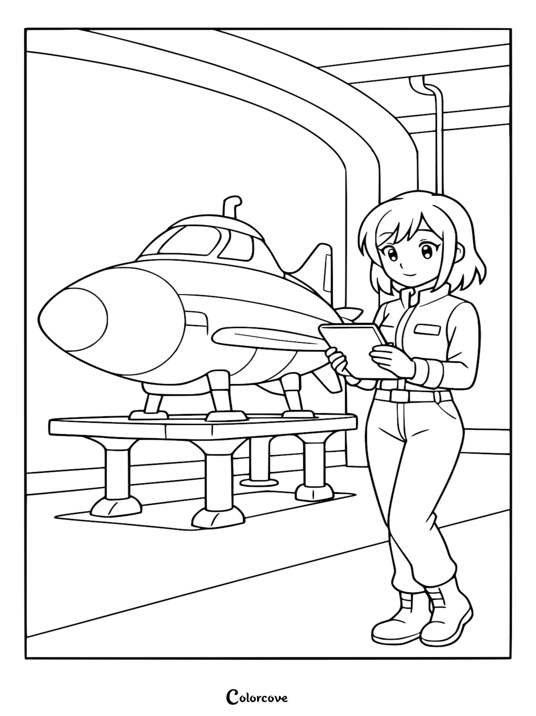 An anime-style female scientist in a jumpsuit holding a tablet next to a small research submarine on a platform, line art coloring page.