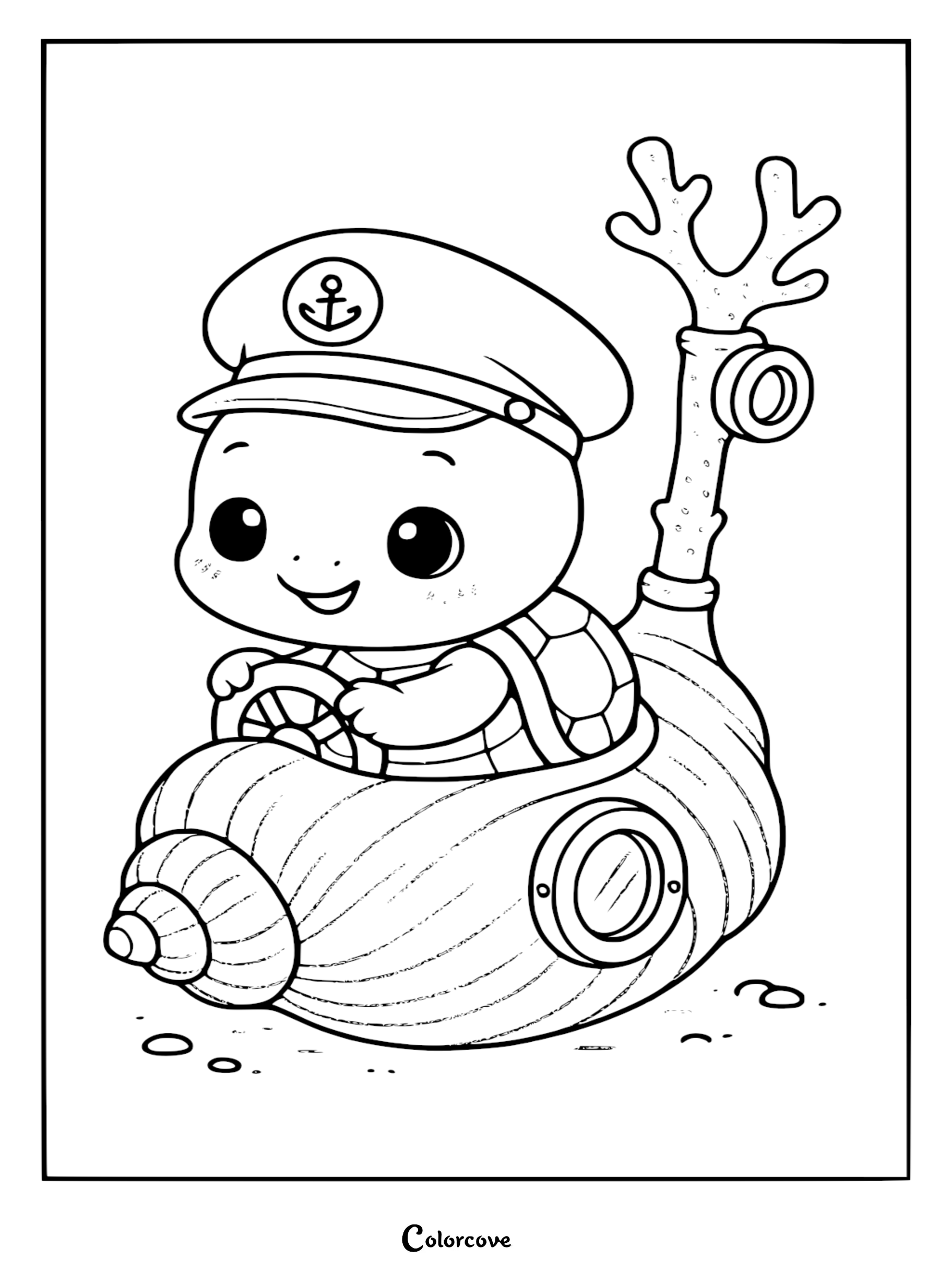 A cute cartoon turtle wearing a sailor hat driving a shell submarine with a periscope, printable coloring page.