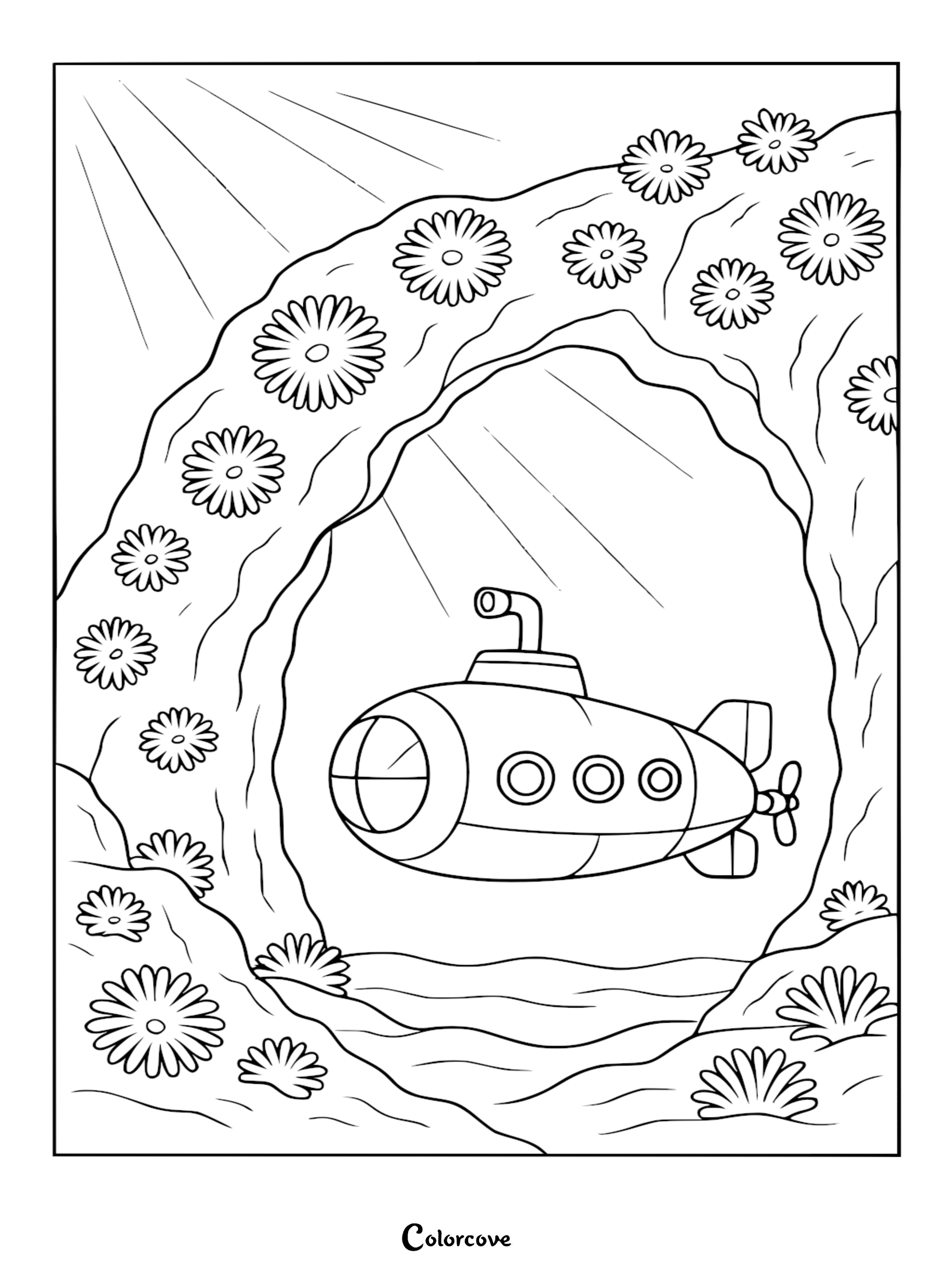 A submarine coloring page featuring a cartoon sub navigating through an underwater stone archway surrounded by daisies with sun rays shining from above.