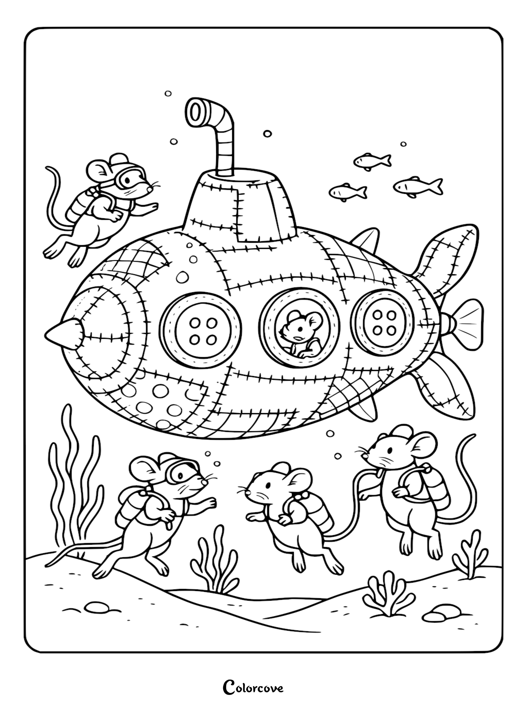 A printable coloring page featuring mice in scuba gear swimming around a patchwork fabric submarine with button portholes underwater.