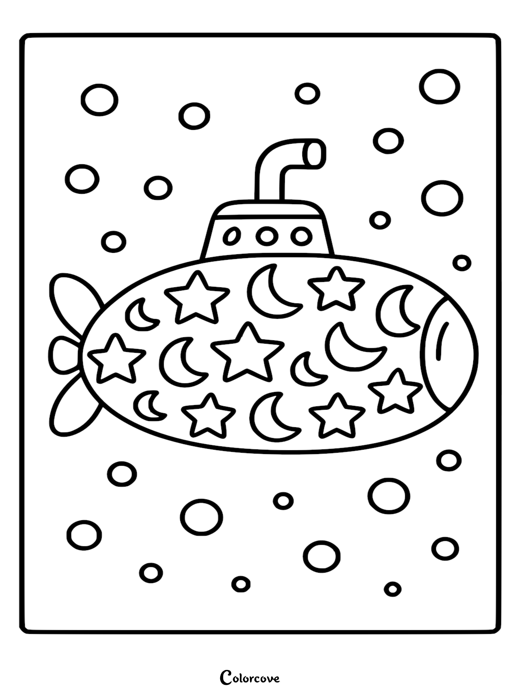A submarine decorated with stars and moon shapes floating underwater with bubbles, a printable coloring page.