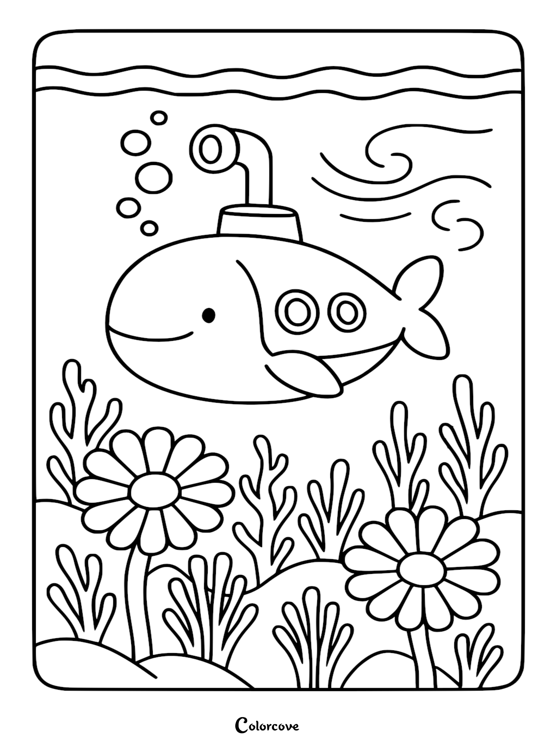 A whimsical coloring page featuring a smiling whale-shaped submarine with a periscope swimming above ocean flowers and seaweed.