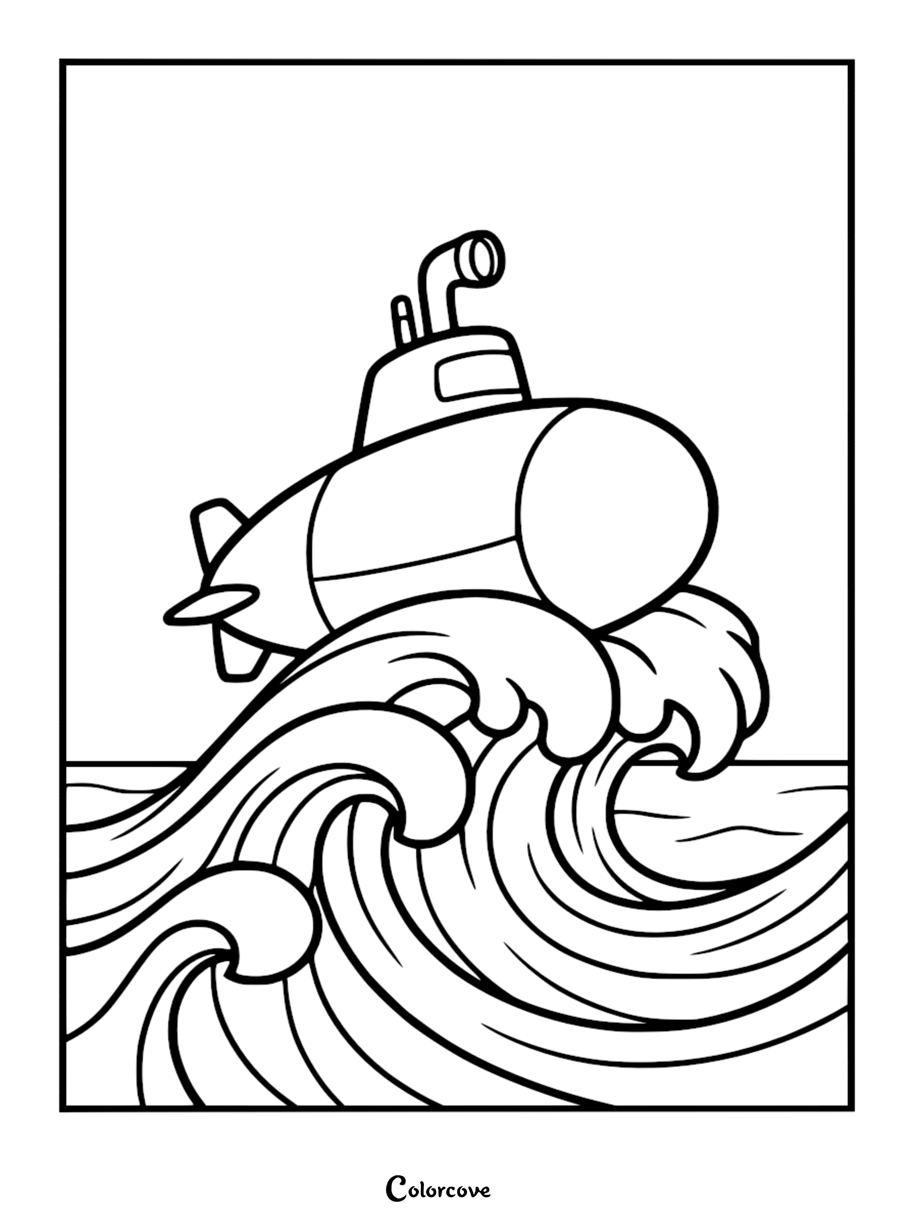 A simple submarine with a periscope rising out of turbulent ocean waves in this printable coloring page.