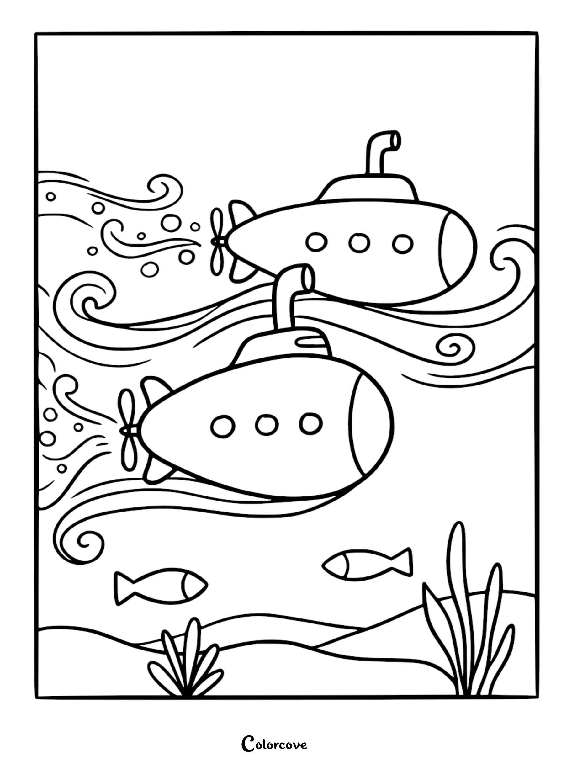 A printable coloring page featuring two cartoon submarines swimming through ocean waves past small fish and seaweed on the seabed.