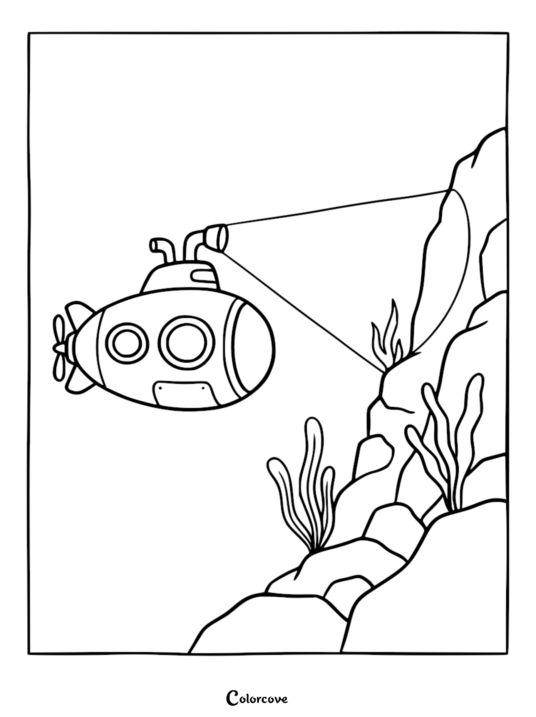 A cartoon submarine with a spotlight shining on a rocky reef in this underwater coloring page.