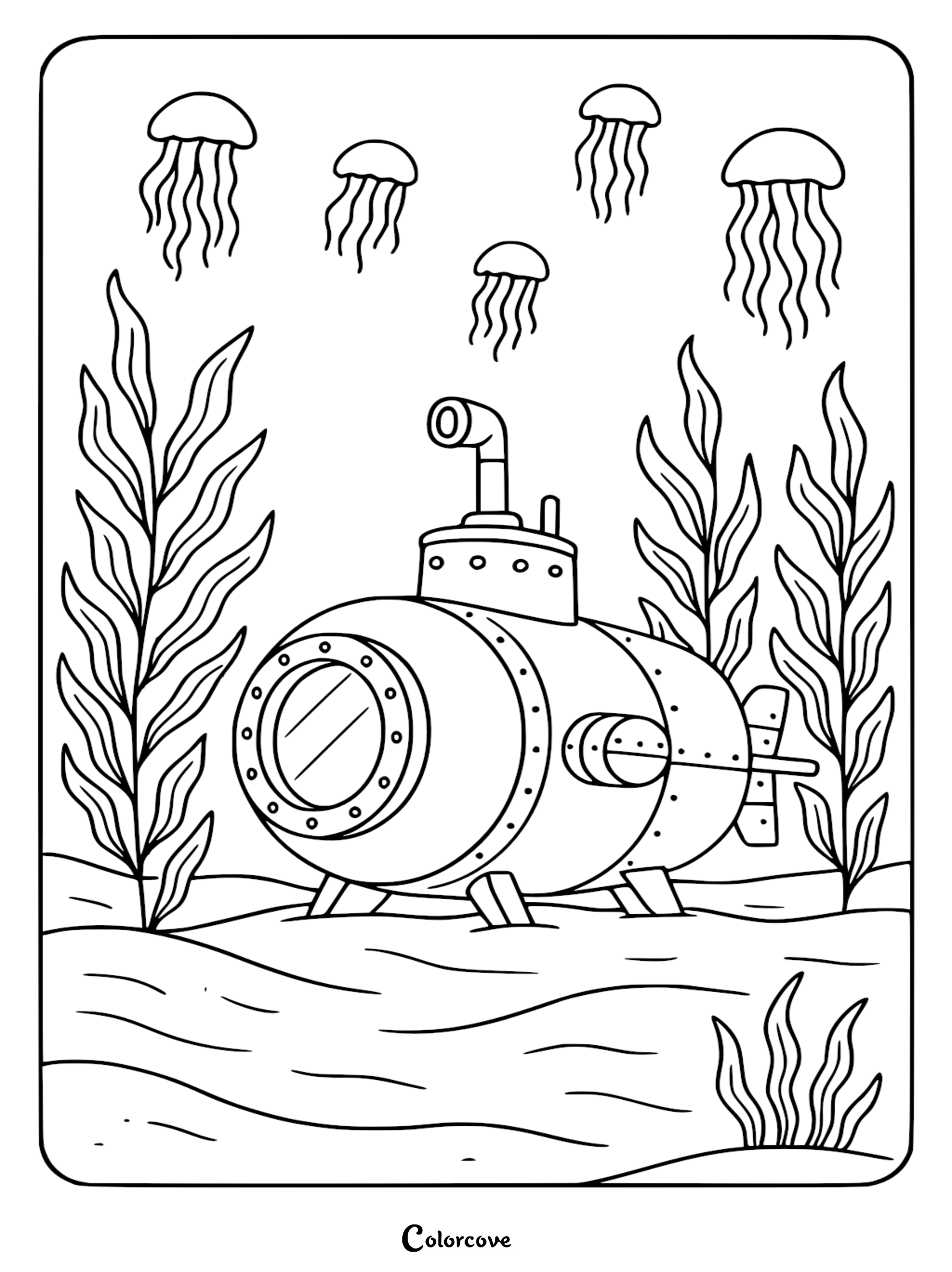 A submarine resting on the ocean floor surrounded by tall seaweed and five floating jellyfish in this detailed line art coloring page.