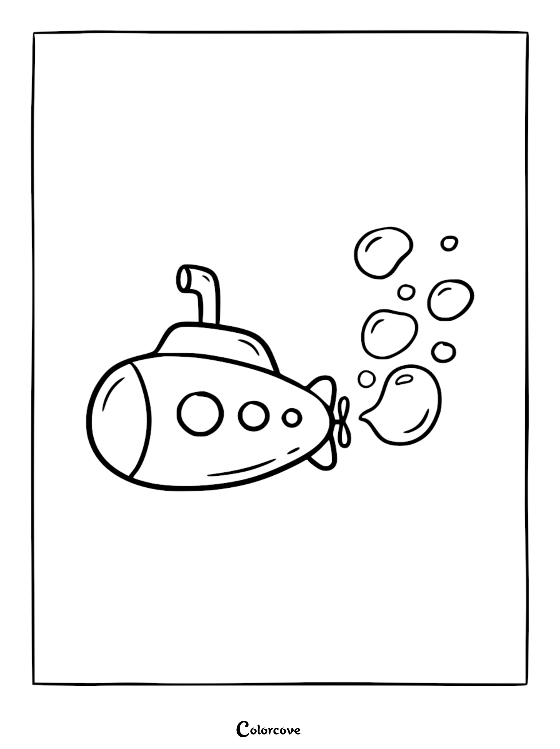 A simple black and white coloring page featuring a cute cartoon submarine with three round windows, a periscope, and a cluster of bubbles trailing behind it.