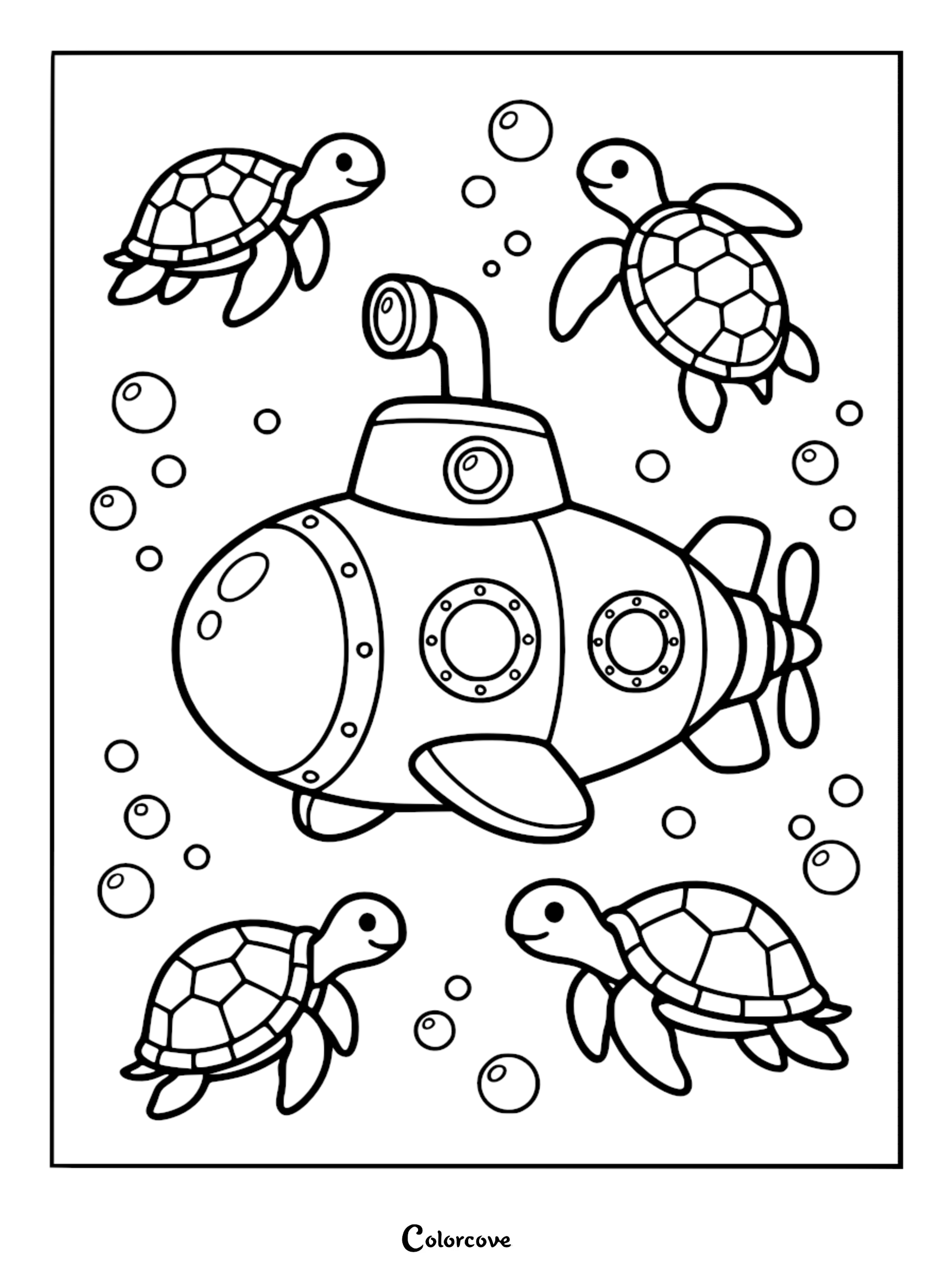 A friendly submarine with a periscope swimming underwater alongside four happy sea turtles in this printable coloring page.