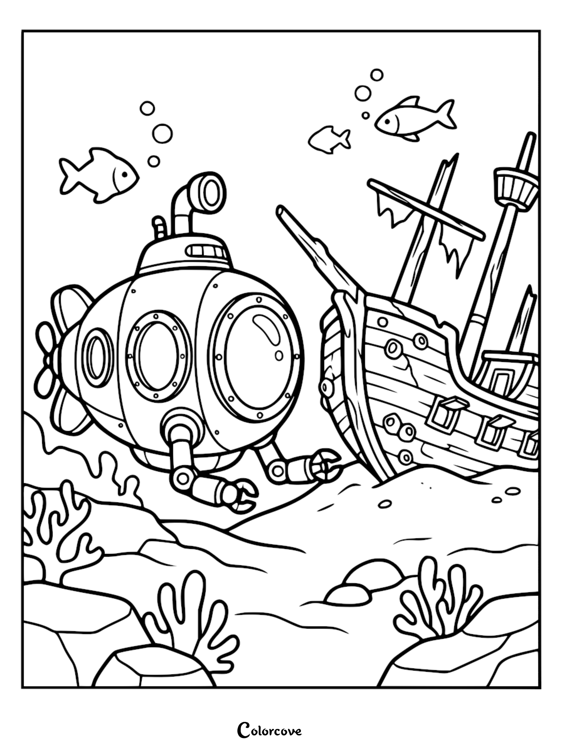 A cute cartoon submarine with robotic arms investigating a sunken wooden pirate ship on the ocean floor, designed as a black and white printable coloring page.