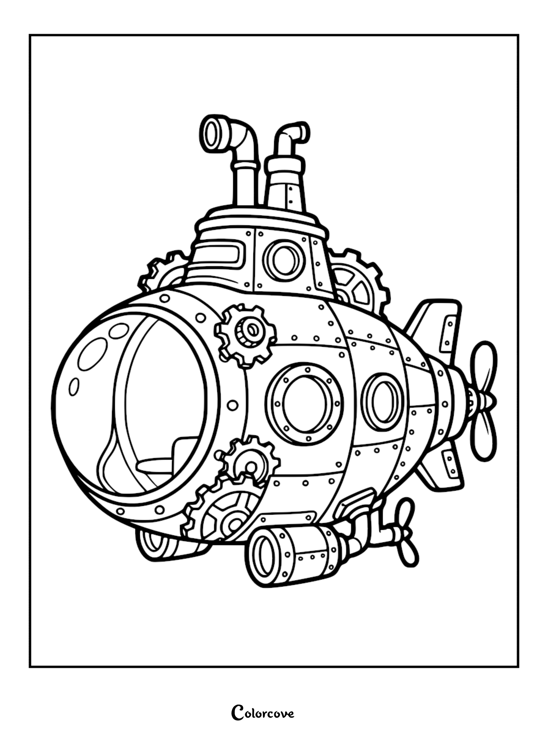 A detailed steampunk submarine coloring page featuring gears, portholes, a periscope, and a rear propeller on a clean white background.